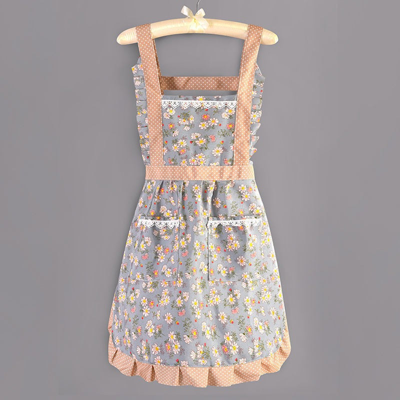 Factory Direct Sales New Kitchen Household Cooking Canvas Cotton Apron Lace Cute Hand-Wipeable Suspenders Pure Cotton for Women
