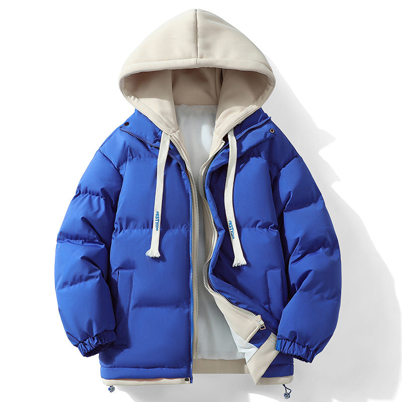 Hooded cotton-padded jacket winter thick warm couple's bread suit loose trend fake two-piece cotton-padded jacket men's hooded coat