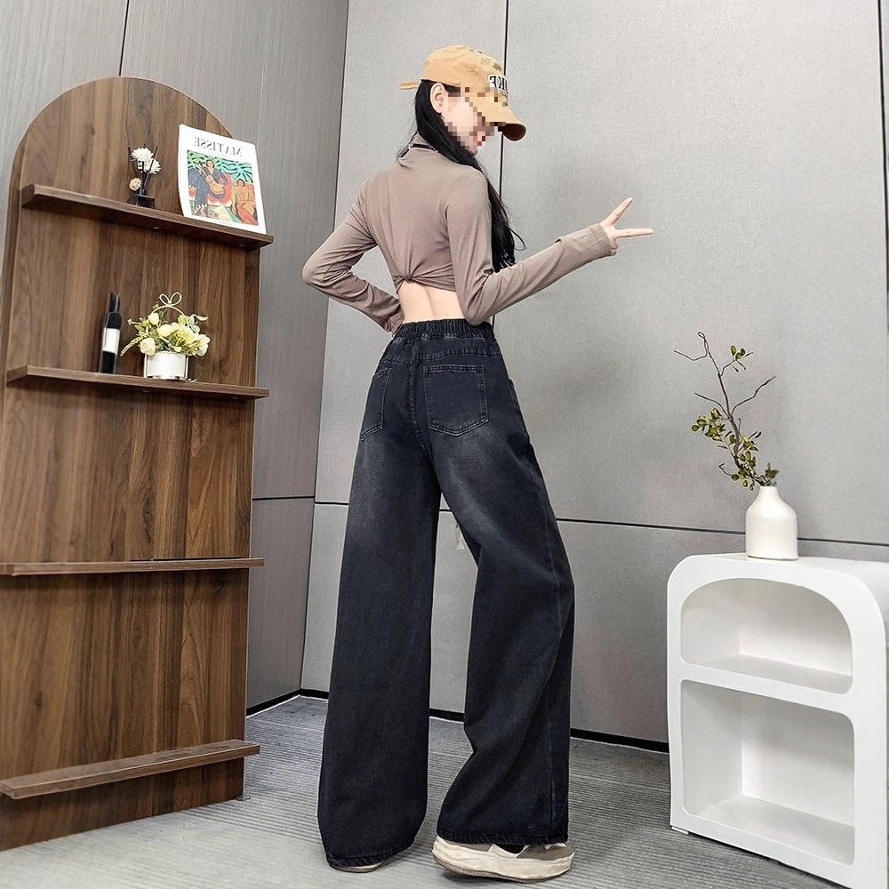 Spring and Summer High-Waisted Wide-Leg Floor-Length Pants for Women, Slim and Versatile Korean Style Student Elastic Waist Drawstring Jeans Large Size