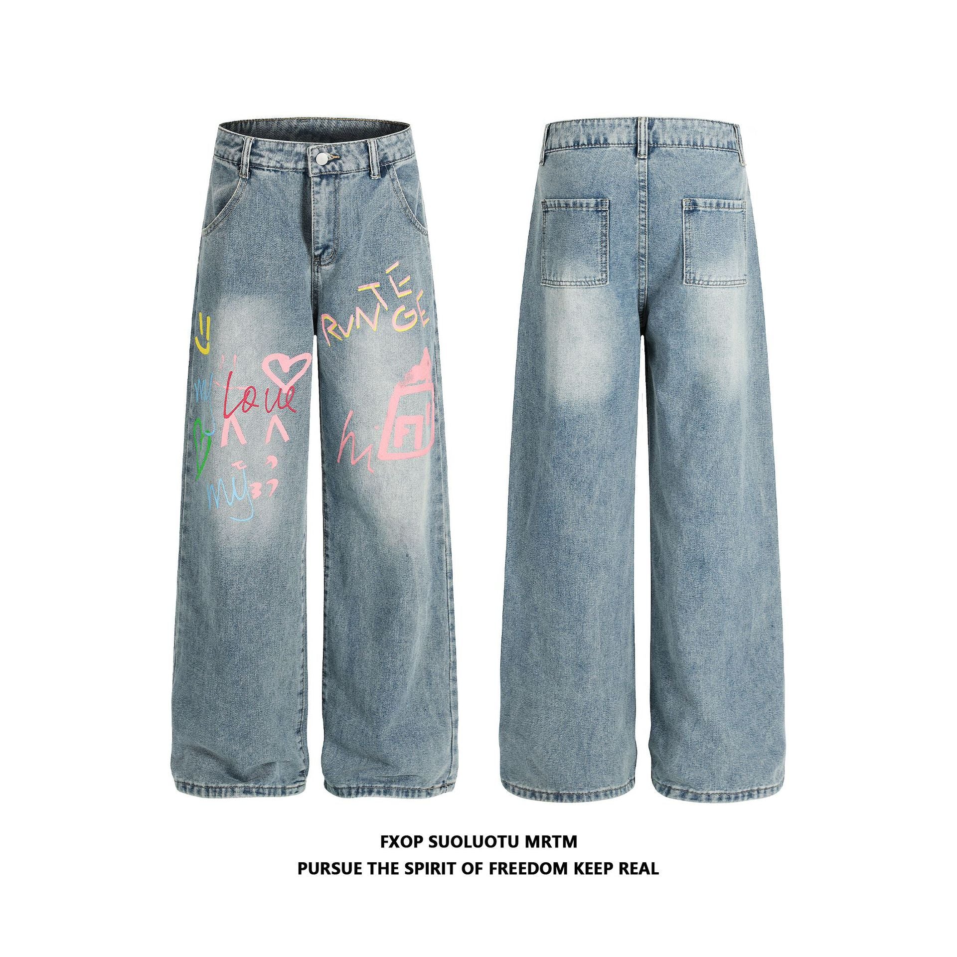 American Retro Niche Graffiti Washed Jeans for Women 2025 New Loose Straight High-Waisted Street Casual Pants