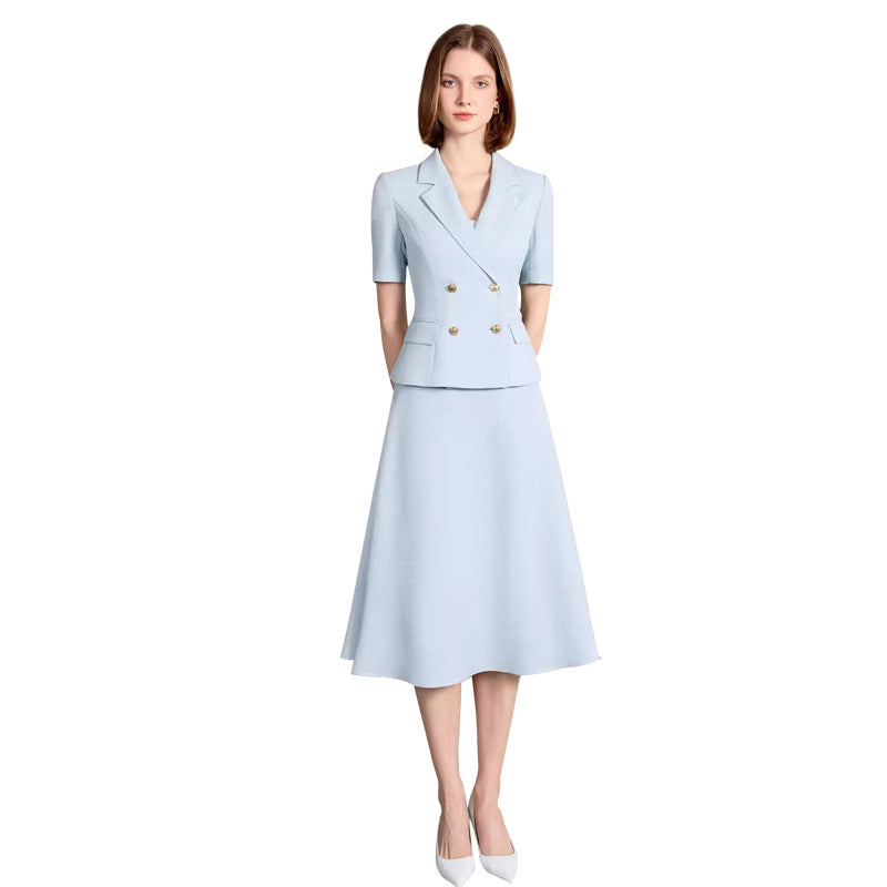 Summer New Short-Sleeved Light Blue Professional Women's Skirt Suit Double-Breasted Suit Collar Office Manager Commuting Formal Wear