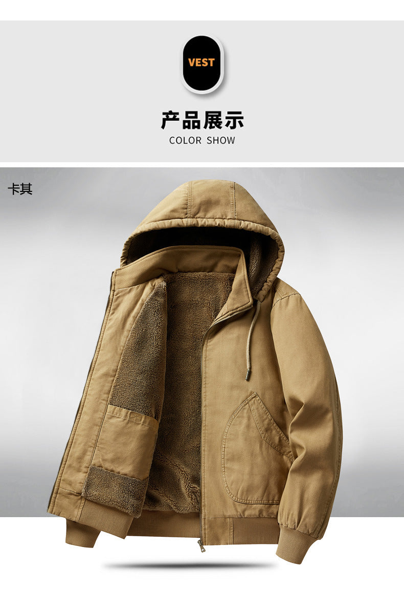 Men's Autumn and Winter Warm Fashion Fleece-Lined Bomber Jacket American-Style Workwear Hooded Cotton Coat for Warmth