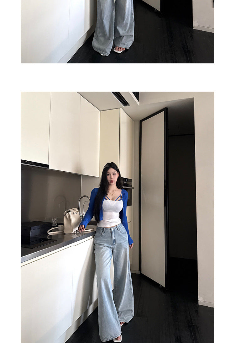 2025 Spring and Autum New Wide-Leg Ripped Jeans Women's Blue Loose Versatile Casual Straight Long Pants Trendy