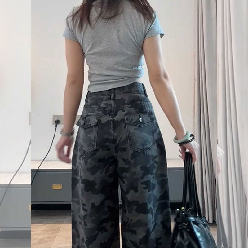 American-Style Plus-Size Camouflage Wide-Leg Jeans for Women, Designed for Petite Pear-Shaped Figures, Loose Casual Straight-Leg Pants