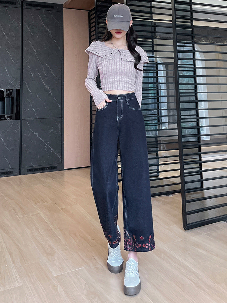 Denim Blue Embroidered Wide-Leg Jeans for Women, 2026 Autumn New Style, Loose Fit, High-Waisted, Straight-Leg, Cropped Pants for Petite Figures