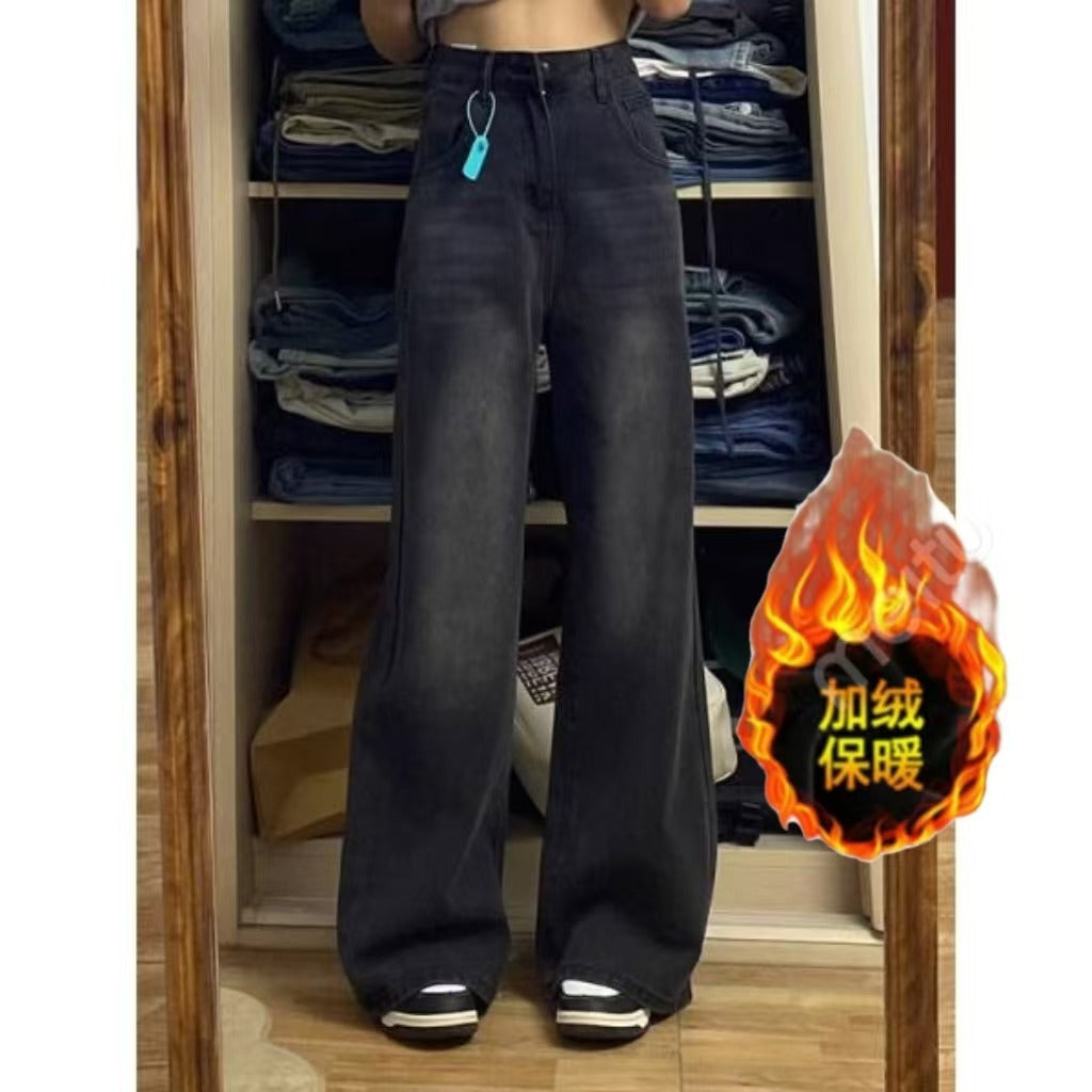 Retro Velvet Jeans for Women in Autumn and Winter New Style High-Waisted Loose Slimming Versatile Black Gray Wide-Leg Straight Pants