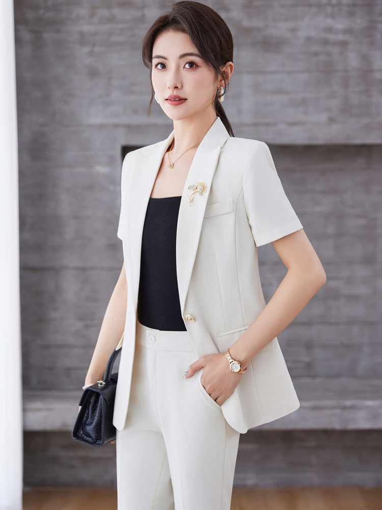 White Short-Sleeved Suit Jacket for Women Summer New Style Petite Professional Elegant Suit Suit Hotel Work Clothes Thin