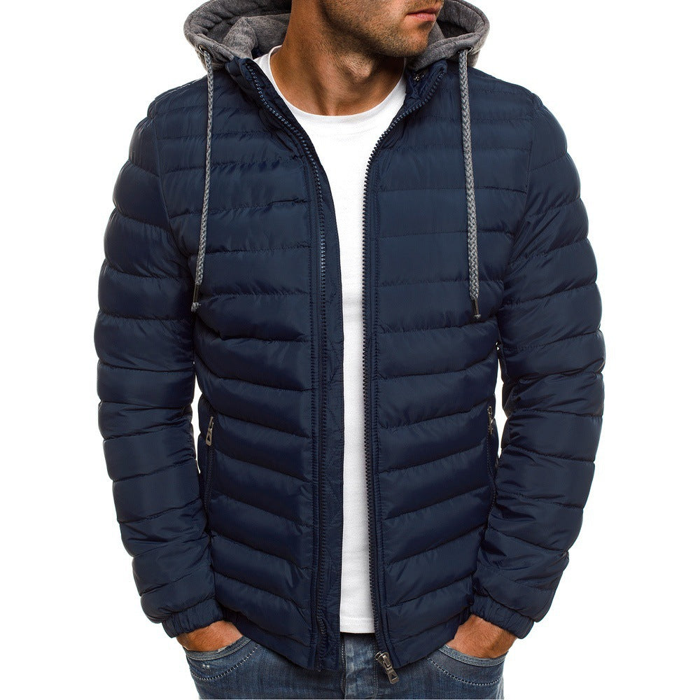 Year-Round Winter Men's Cotton Coat with Detachable Hood, European Size, Solid Color, Simple Cotton Jacket, Men's Outerwear Wholesale