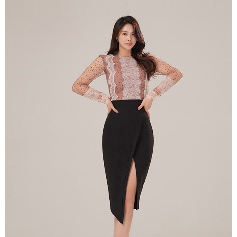 Foreign Trade Women's Clothing 2025 Spring and Summer Round Neck Sexy Polka Dot Mesh Slim Top + High Waist Slim Slit Hip Skirt