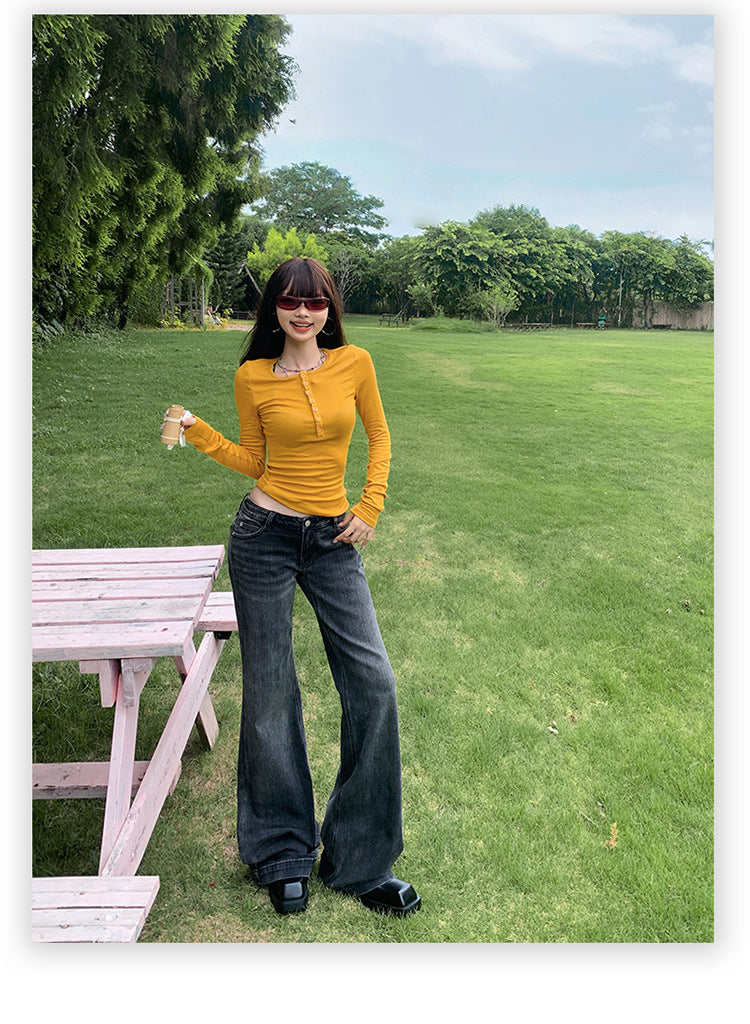 American Style Black and Gray Low-Waist Bootcut Jeans for Women 2025 Autumn and Winter New Sexy Elastic Slimming Look Versatile Bell-Bottom Pants