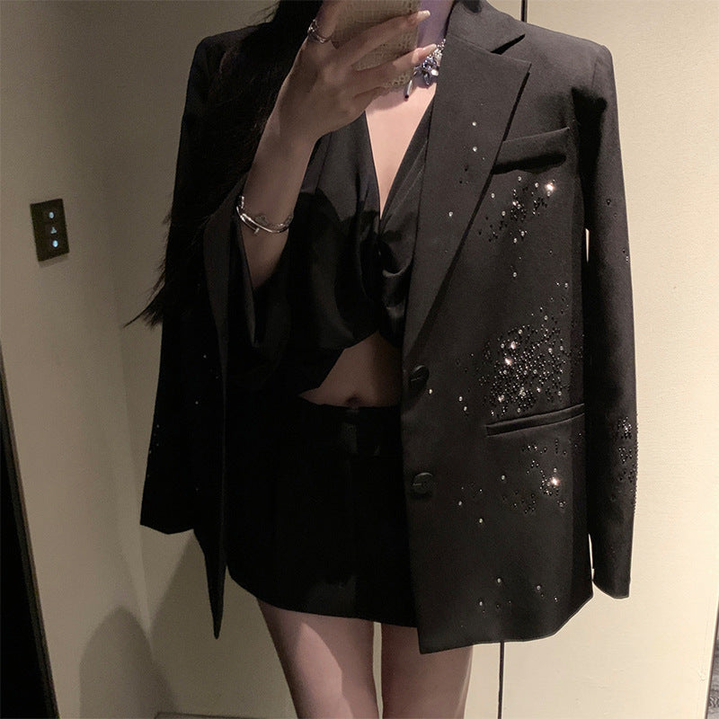 Dinner Party Celebrity Fine Glitter Hot Diamond Silhouette Suit Exquisite Niche Shoulder Pad Jacket Suit for Women New