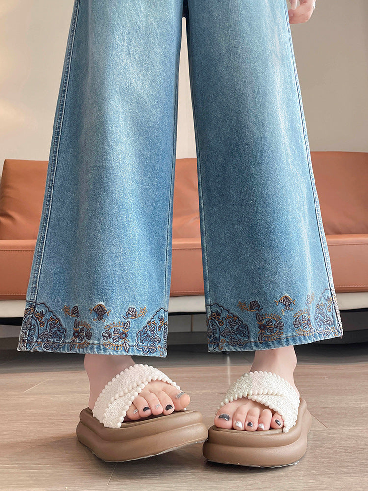 Vintage Embroidered Lace Wide-Leg Jeans for Women 2026 Autumn New Trendy Petite Loose Chinese Style Granny Pants