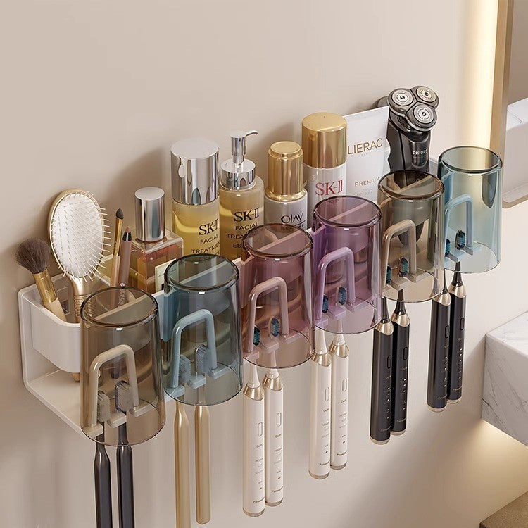 Toothbrush Storage Rack Non-Punch Brush Cup Mouthwash Cup Rack Wall-Mounted Bathroom Household Toothware Hanger