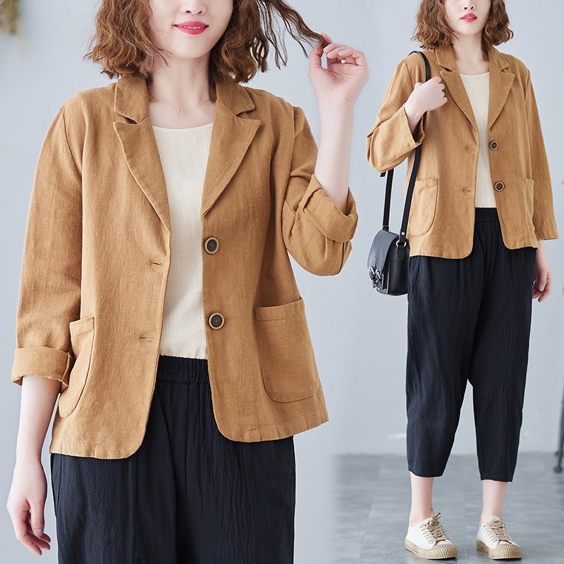 2025 Real Shot of New Cotton and Linen Retro Literary Loose Versatile Casual Long-Sleeved Button-Down Small Suit Short Jacket for Women