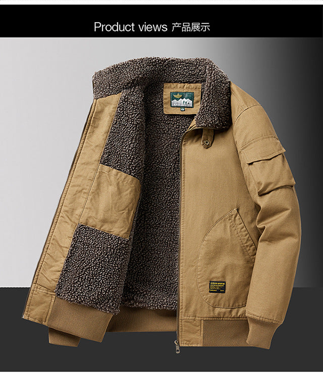 Winter Men's Lapel Pure Cotton American Casual Work Coat Lamb Fleece Coat Maillard Autumn and Winter Cotton Coat 8218
