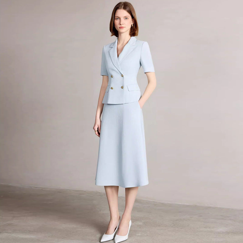 Summer New Short-Sleeved Light Blue Professional Women's Skirt Suit Double-Breasted Suit Collar Office Manager Commuting Formal Wear