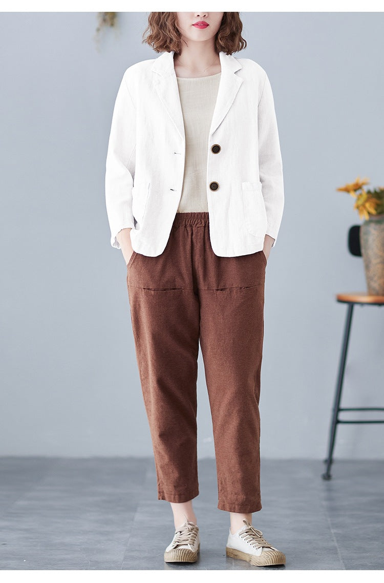 2025 Real Shot of New Cotton and Linen Retro Literary Loose Versatile Casual Long-Sleeved Button-Down Small Suit Short Jacket for Women