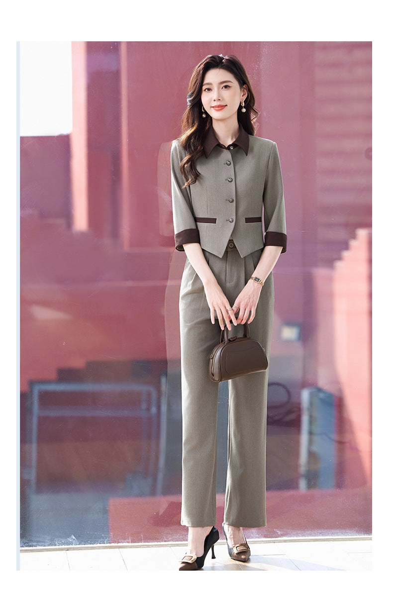 Tweed Style Splicing Jacket with Metal Buckle for Women Spring and Summer New High-End Fashion Doll Collar Elegant Three-Quarter Sleeve Suit