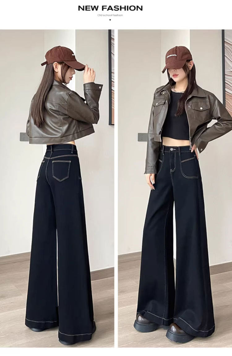 2025 New High-Waisted Black Wide-Leg Jeans for Women, Fashionable and Versatile Spring & Fall Loose Large-Flared Straight Pants