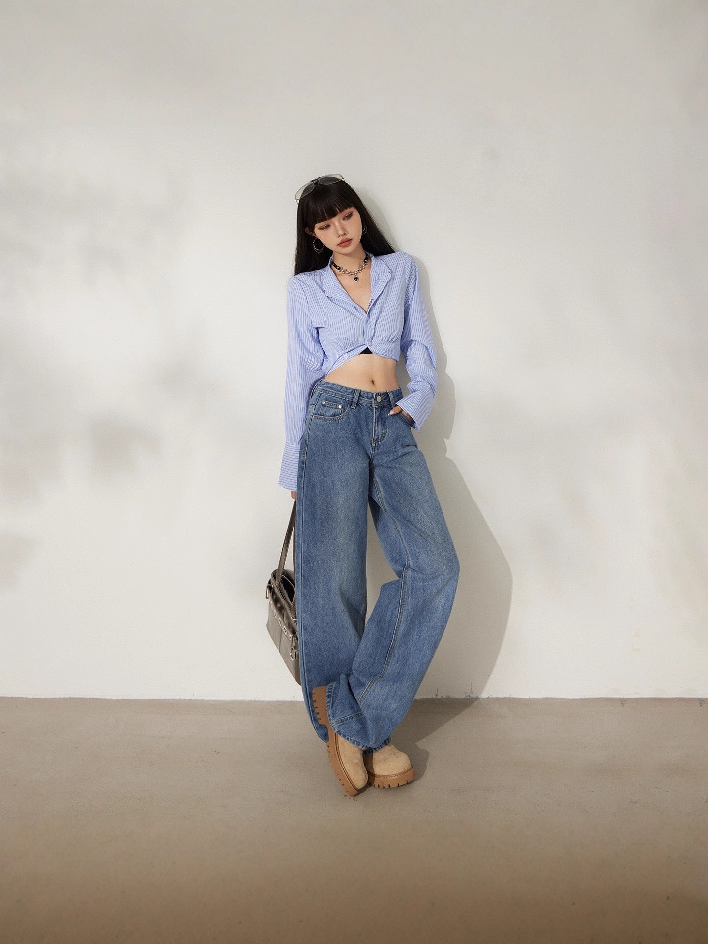 Retro Washed Wide-Leg Jeans for Women, Autumn New Low-Waist Straight Loose Design, Slimming Floor-Length Pants