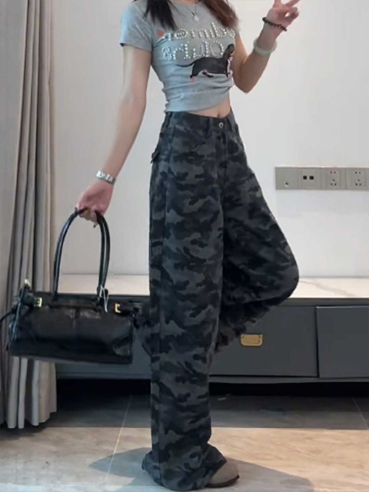 American-Style Plus-Size Camouflage Wide-Leg Jeans for Women, Designed for Petite Pear-Shaped Figures, Loose Casual Straight-Leg Pants