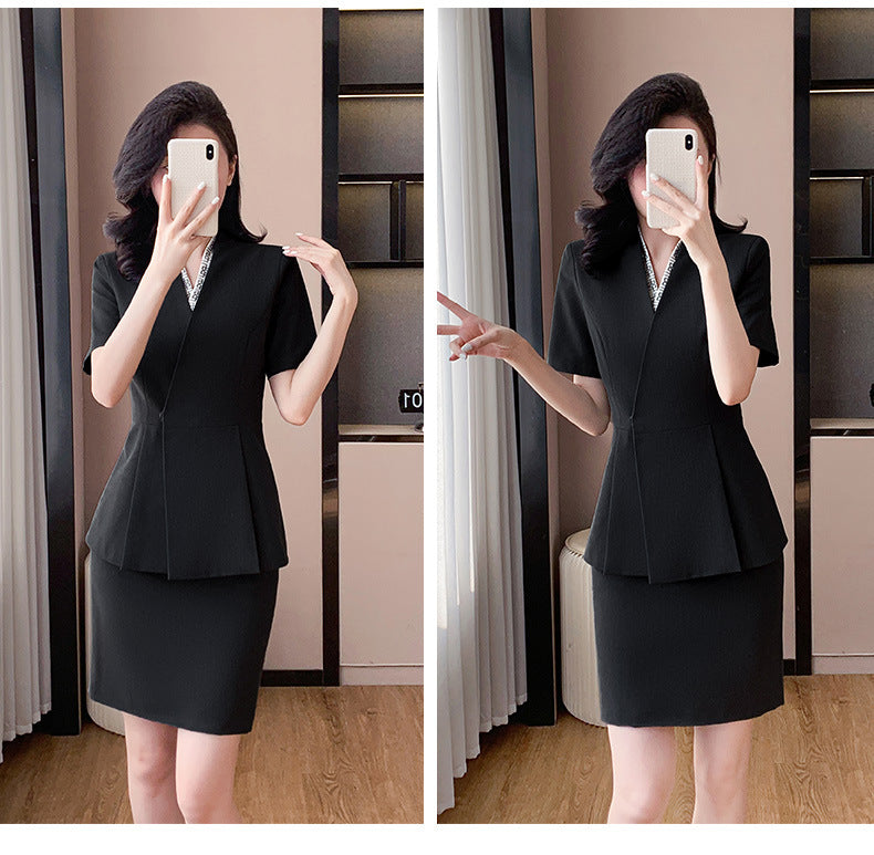 Blue Suit Jacket Women's Spring and Summer Short-sleeved Jewelry Store Front Desk Business Dress Dress Waist Tight Beauty Salon Suit suit