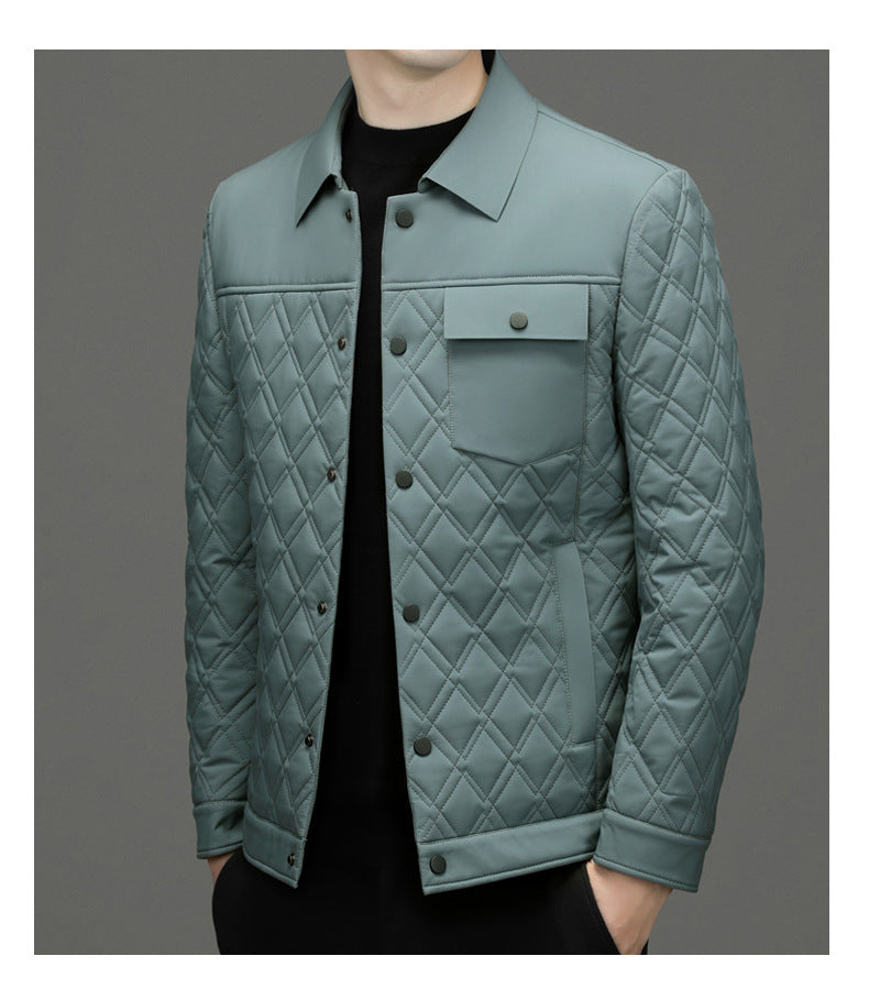 High-end men's mulberry silk cotton-padded coat business casual plaid middle-aged lightweight cotton-padded jacket autumn and winter men's lapel cotton-padded coat