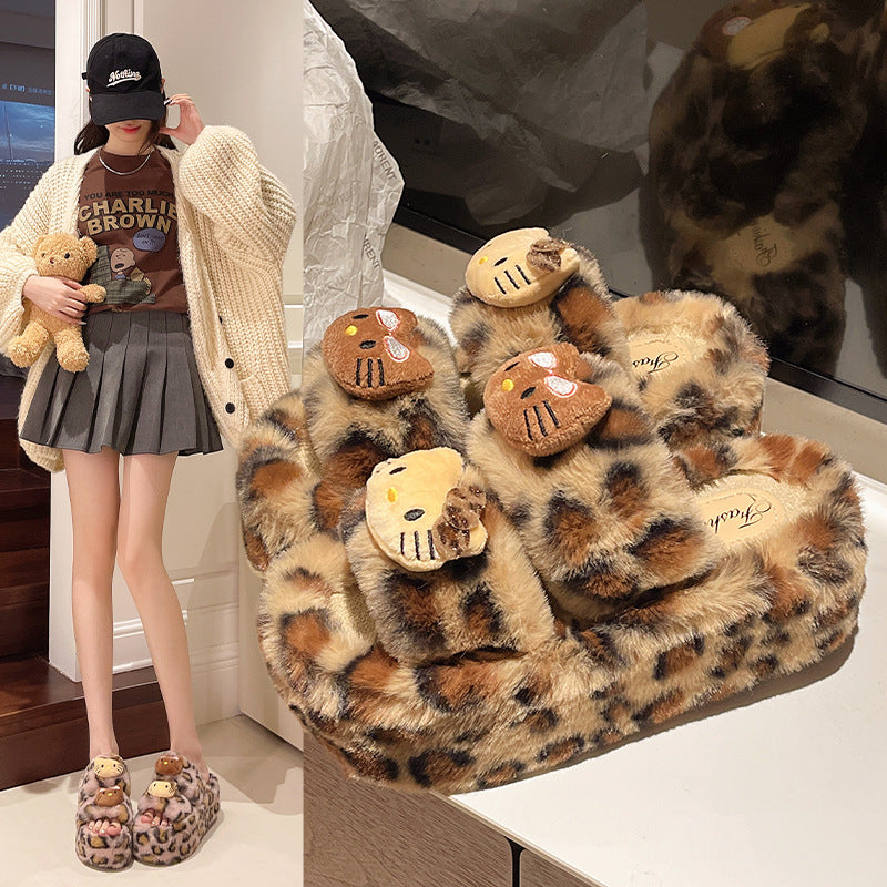 Leopard Print Thick-Soled One-Word Furry Slippers for Women's Outer Wear 2025 New Spring, Autumn and Winter Indoor Home Popular Cotton Slippers