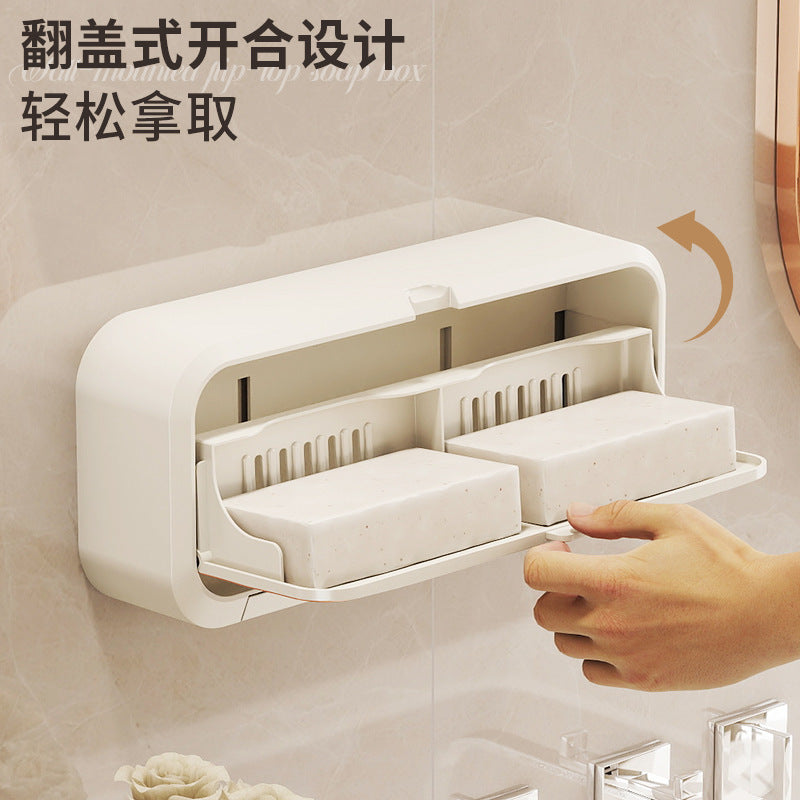 Wall-Mounted Soap Holder, Creative Punch-Free Soap Box for Home Bathroom, Flip-Top Drainage Storage Rack for Export