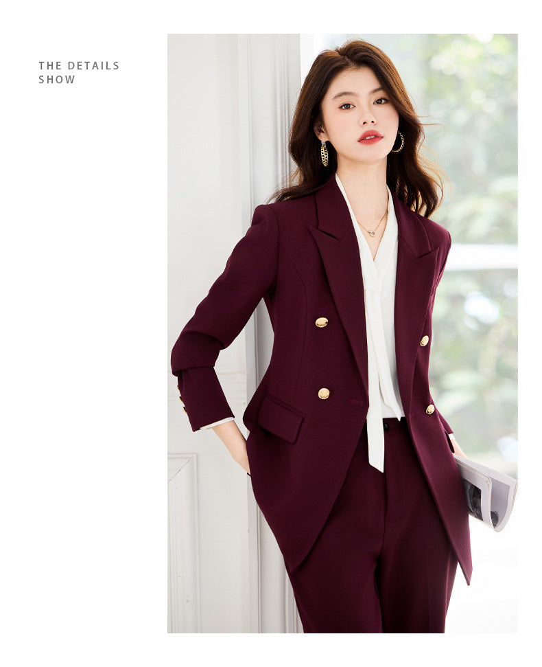 Double-Breasted Suit Set for Women, Autumn and Winter New Style, Korean Fashion, Casual, Professional Attire, Slim Fit, White-Collar Business Long-Sleeve Suit
