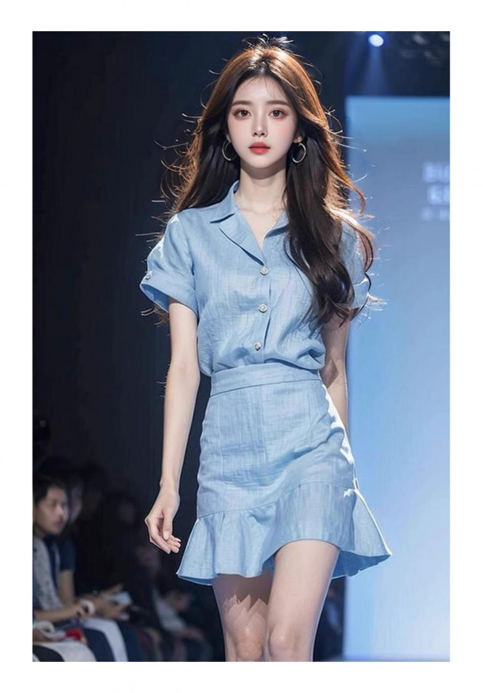 Foreign trade women's clothing age-reducing foreign-style fashion this year popular beautiful small fragrant style professional blue top skirt two pieces