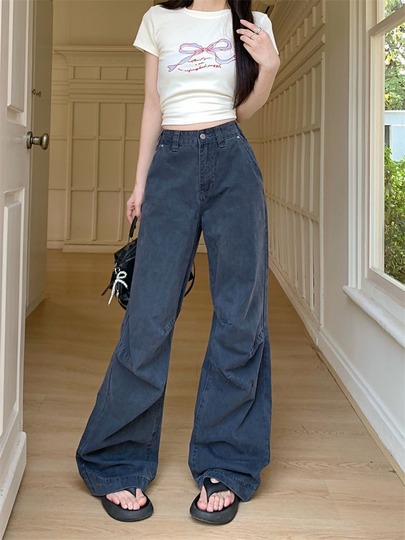 American Retro Design Workwear Jeans for Women New High Street Personalized Pleated Loose Straight Casual Pants