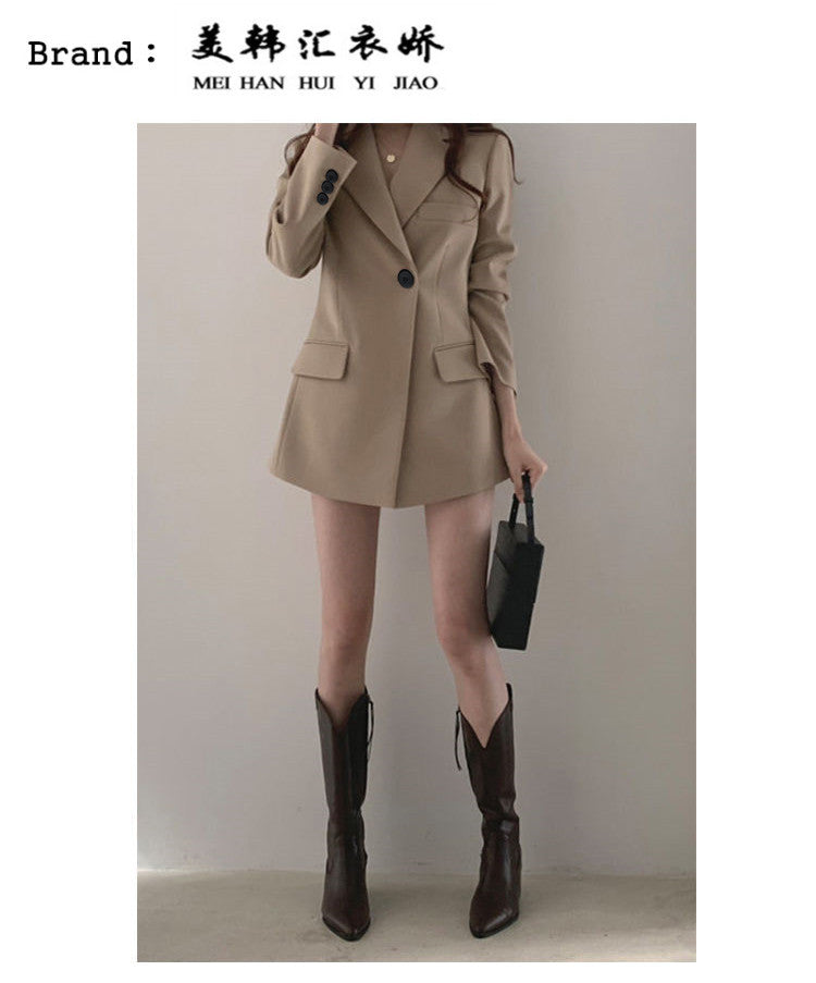 khaki Suit Jacket Women's Spring and Autumn Korean-style Ins Hong Kong-style Retro Top Tight Waist Slimming Mid-length Small Suit