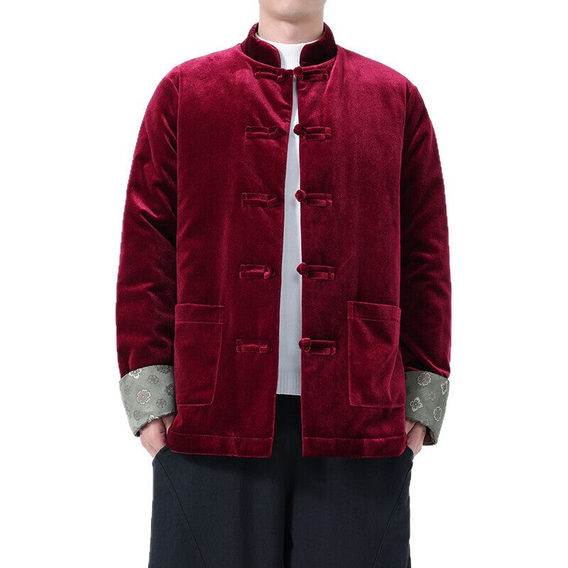 Winter Chinese-Style Tang Suit Jacket for Men, Corduroy Cotton Coat, Retro Thickened Cotton Clothing, Chinese-Style Button Cotton-Padded Jacket, Hanfu