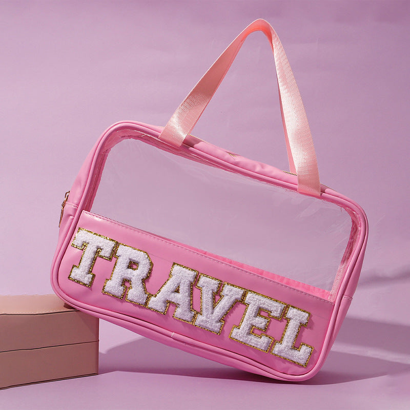 Amazon Cross Border Transparent PVC Handbag Embroidered Letters Storage Bag Large Capacity Travel Wash Bag