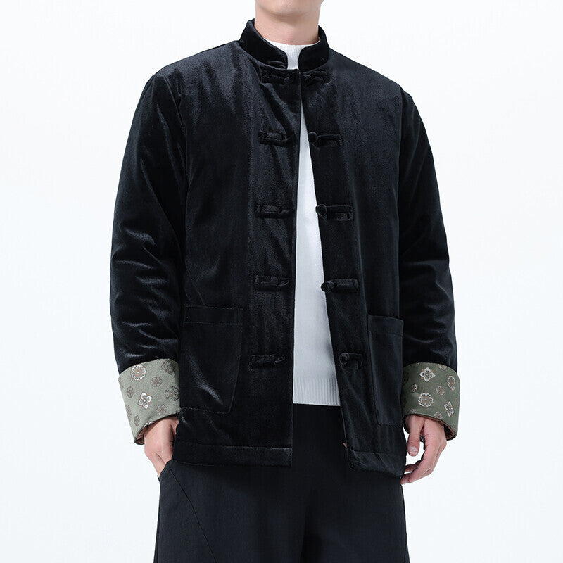 Winter Chinese-Style Tang Suit Jacket for Men, Corduroy Cotton Coat, Retro Thickened Cotton Clothing, Chinese-Style Button Cotton-Padded Jacket, Hanfu