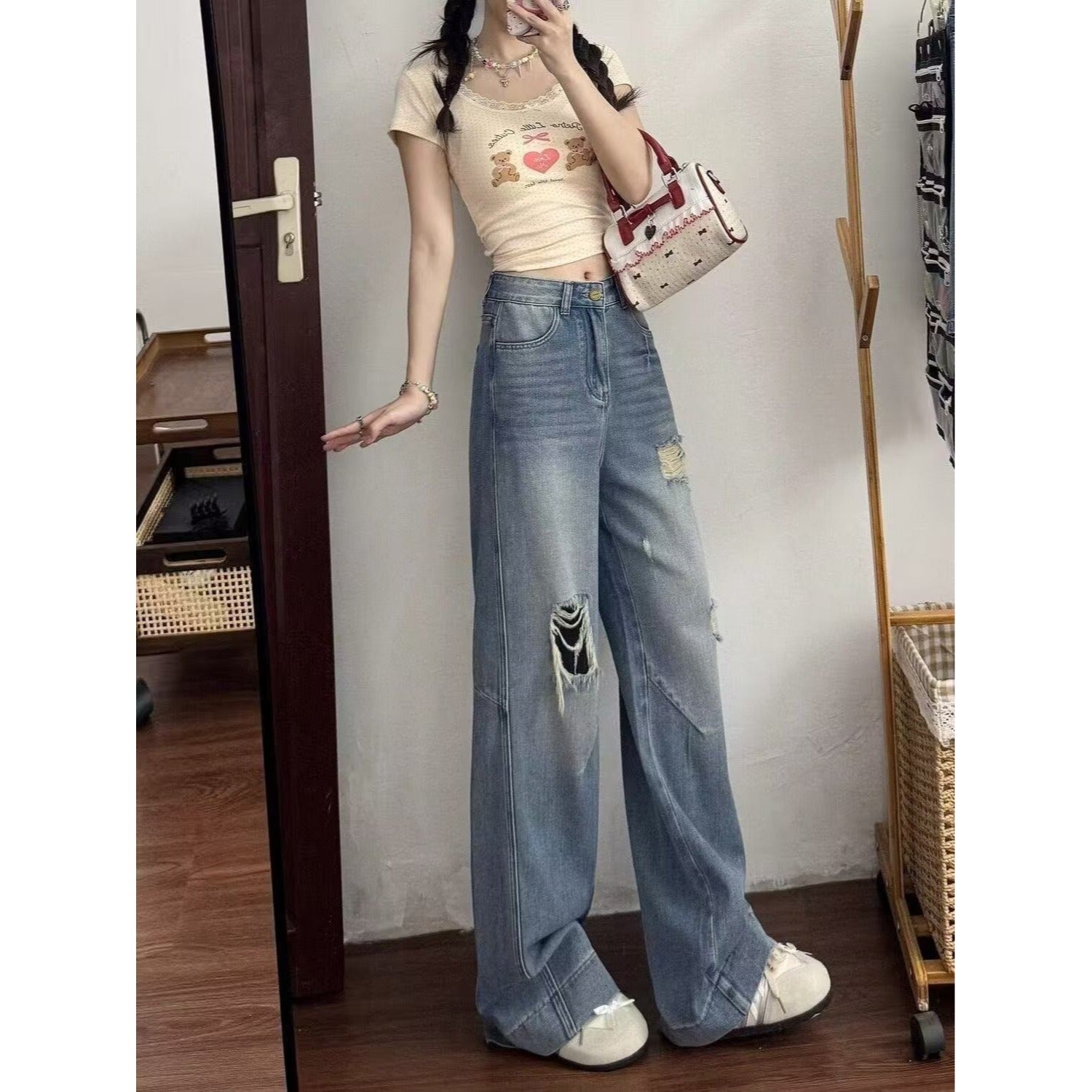 American Style Ripped Jeans for Women, Autumn New Plus-Size High-Waisted Pear-Shaped Figure Slimming Loose Wide-Leg Pants