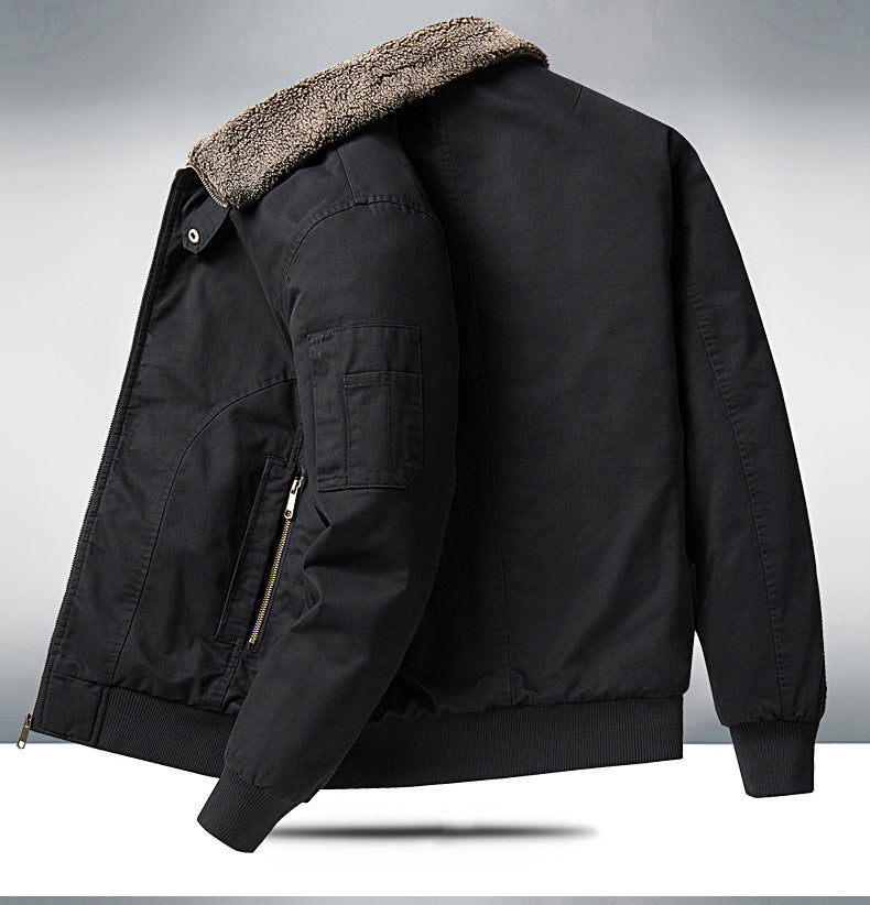 2024 Autumn/Winter New Cross-Border Men's Fleece-Lined Cotton Jacket with Stand Collar, Neck Protection, Cold-Proof, Washable Cotton Coat, Pure Cotton Outerwear