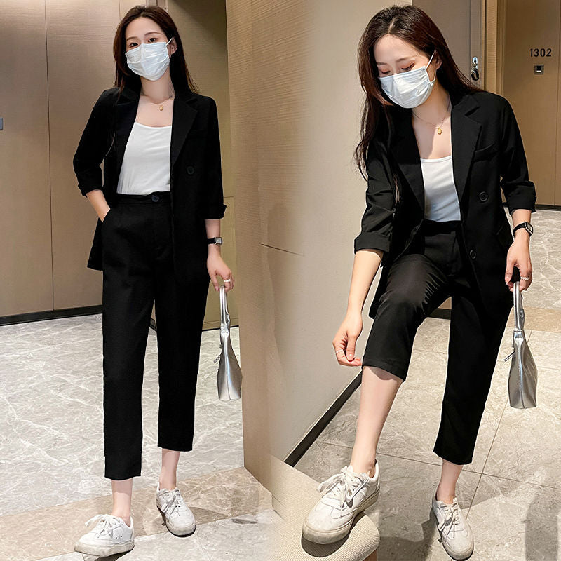 Cross-Border Plus Size Women's Clothing Plus Size Fashion Suit Women's Spring and Autumn Korean Style Temperament Back Slit Cropped Pants Two-Piece Set