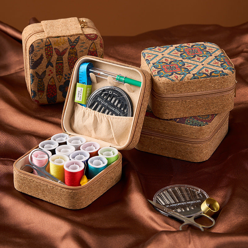 Retro Style Imitation Pu Leather Square Sewing Box Household Sewing and Mending Needle and Thread Set Portable Daily Essential Sewing Kit