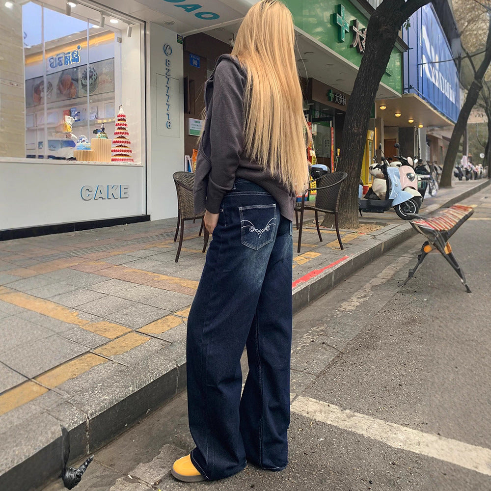 American-Style Embroidered Dark Blue Denim Wide-Leg Pants for Women, New Autumn and Winter Design, Lazy Versatile Casual Drape Straight-Leg Pants