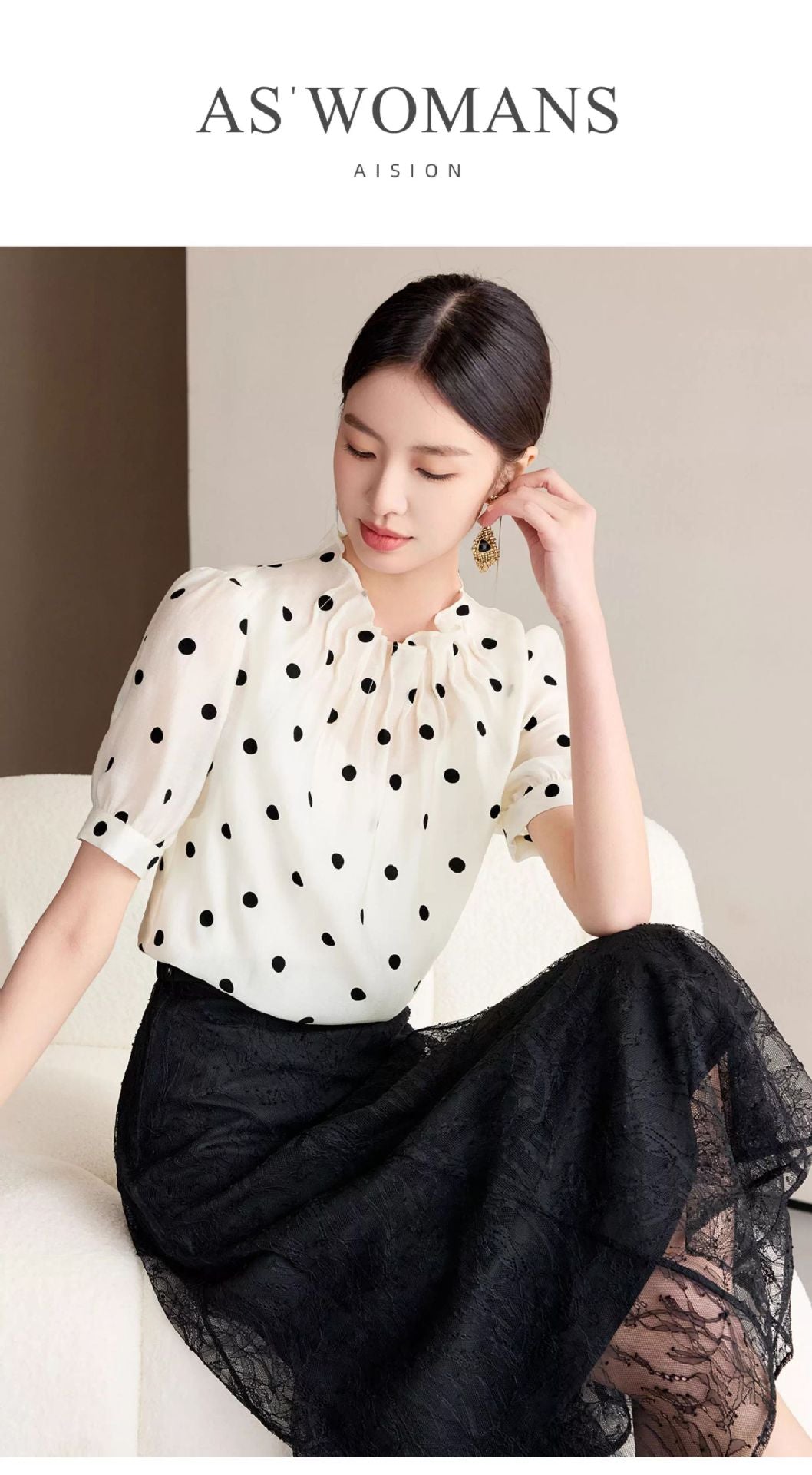 Summer New Short-Sleeved Design Romantic Polka Dot Women's Shirt Small Fresh and Stylish Tencel Skin-Friendly Small Stand-Up Collar Shirt