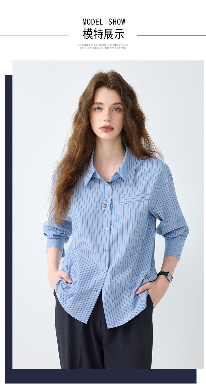 Light Workplace Blue Striped Long-Sleeved Shirt for Women, Spring and Autumn Design Professional Shirt, Commuting Versatile Top