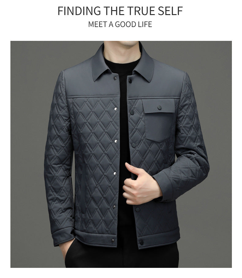 High-end men's mulberry silk cotton-padded coat business casual plaid middle-aged lightweight cotton-padded jacket autumn and winter men's lapel cotton-padded coat