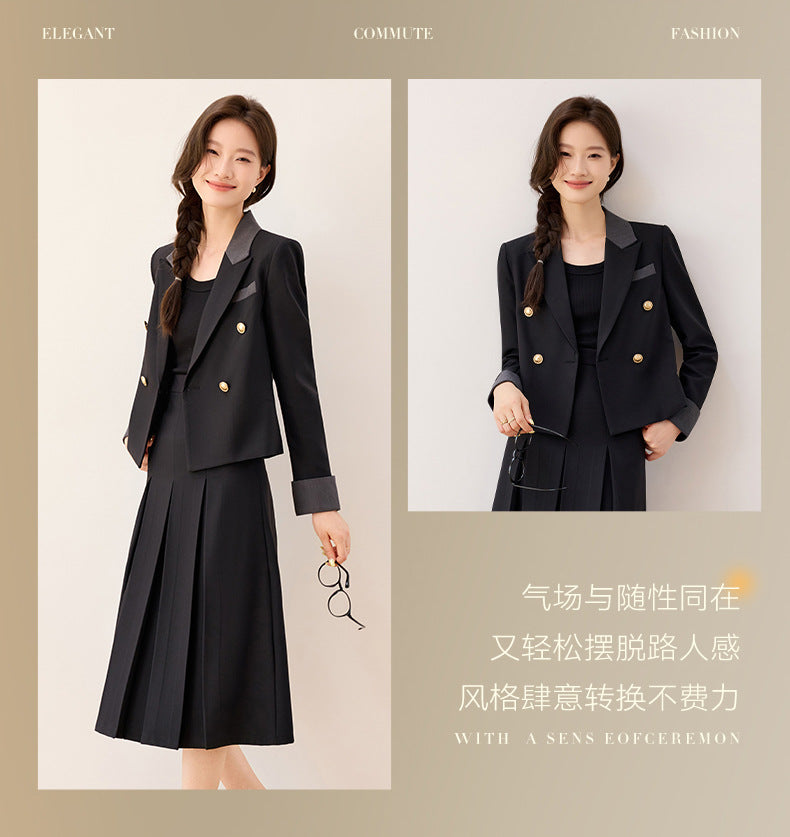 Cross-Border Black Short Blazer for Women, Petite Size, Suitable for College Students, Teacher Qualification Interview, Formal Attire, Elegant Suit with Skirt