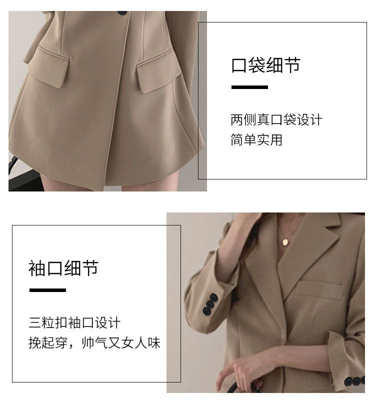 khaki Suit Jacket Women's Spring and Autumn Korean-style Ins Hong Kong-style Retro Top Tight Waist Slimming Mid-length Small Suit