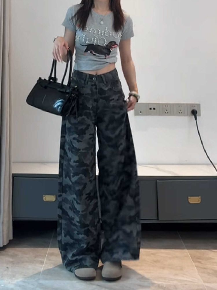 American-Style Plus-Size Camouflage Wide-Leg Jeans for Women, Designed for Petite Pear-Shaped Figures, Loose Casual Straight-Leg Pants