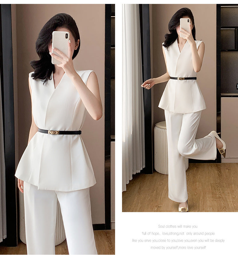 Fashion Casual suit 2025 New High-end Temperament Slimming Waist Sleeveless Jacket Straight Pants Two-piece Set