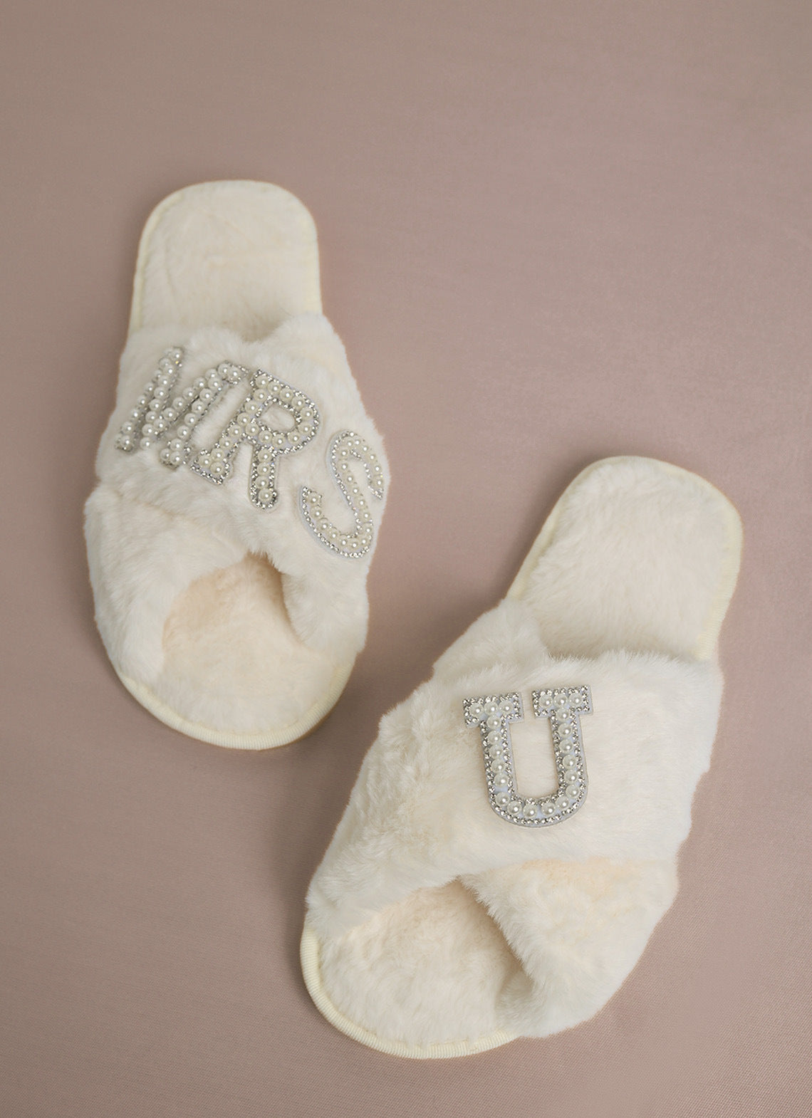 Cross-Border Popular Pearl Letters Bride Bridal Cross Fur Slippers Bachelor Party Wedding Plush Slippers for Women