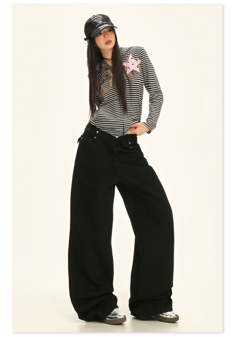 American Retro Pocket Design Black High-Waisted Wide-Leg Pants for Women, New Autumn Loose Drape Slimming Jeans for Women